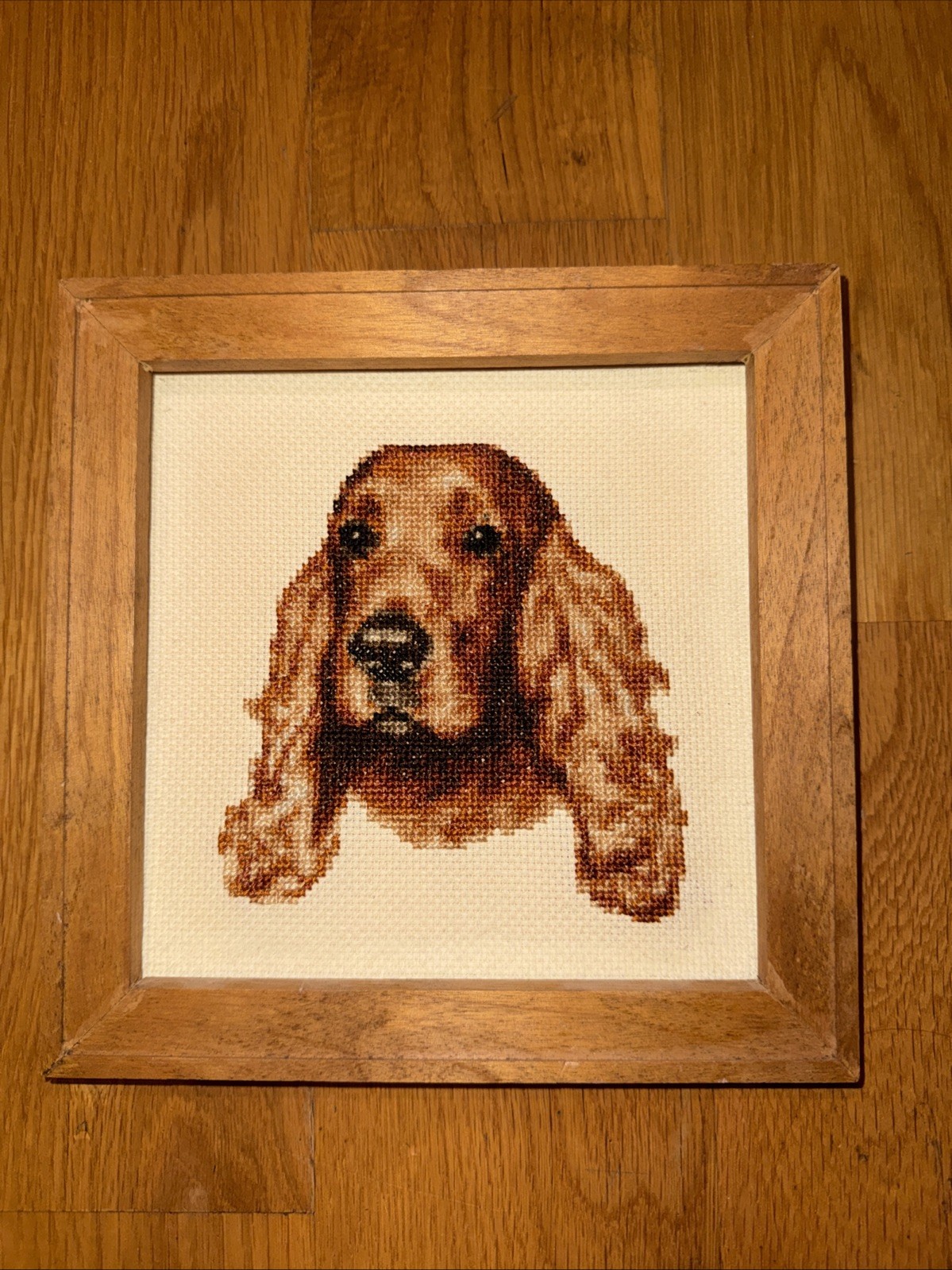 Vintage Homemade Golden Retriever Embroidery, With Wooden Oak Frame.