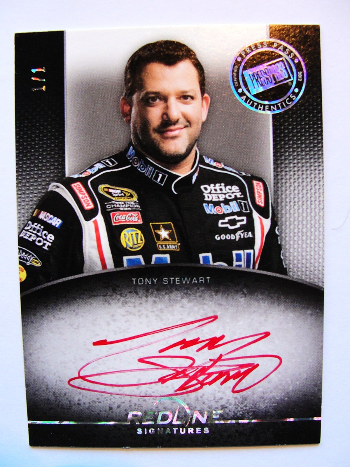TONY STEWART PRESS PASS REDLINE 1/1 AUTOGRAPH AUTO ONE OF ONE