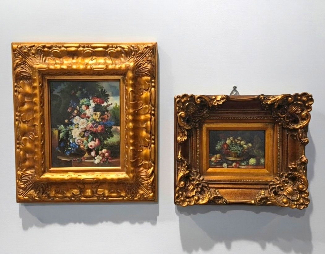 Pair Vintage Still Life Oil Paintings Ornate Gold Baroque Frame Set Floral Fruit