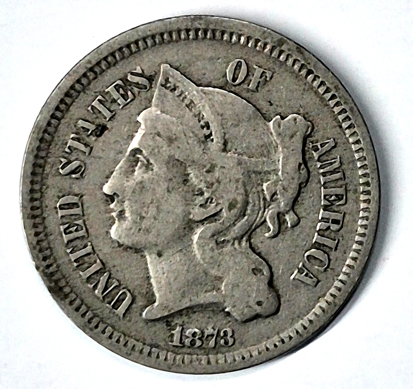 1873 3 Cent Nickel Very Good Features Closed \