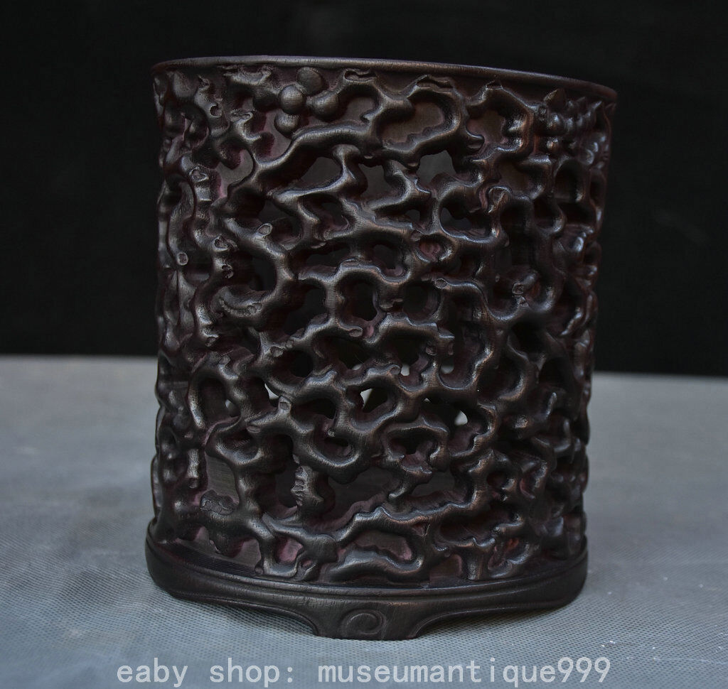 6.2\'\' Old Chinese Black Ebony Wood Carved Branch Hollow out  Brush Pot