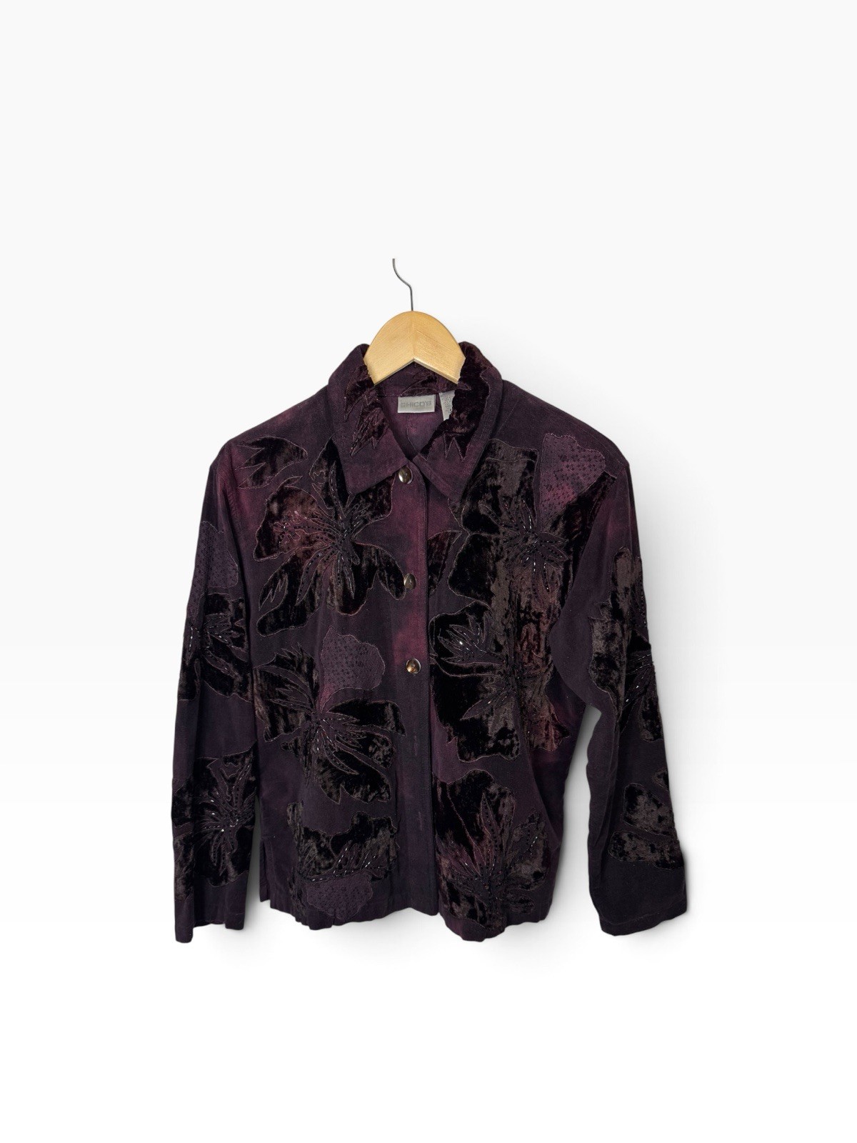 Vtg Chico’s Velvet Appliqué Jacket Burgundy Deep Purple Floral Beaded Sz 1 (8)