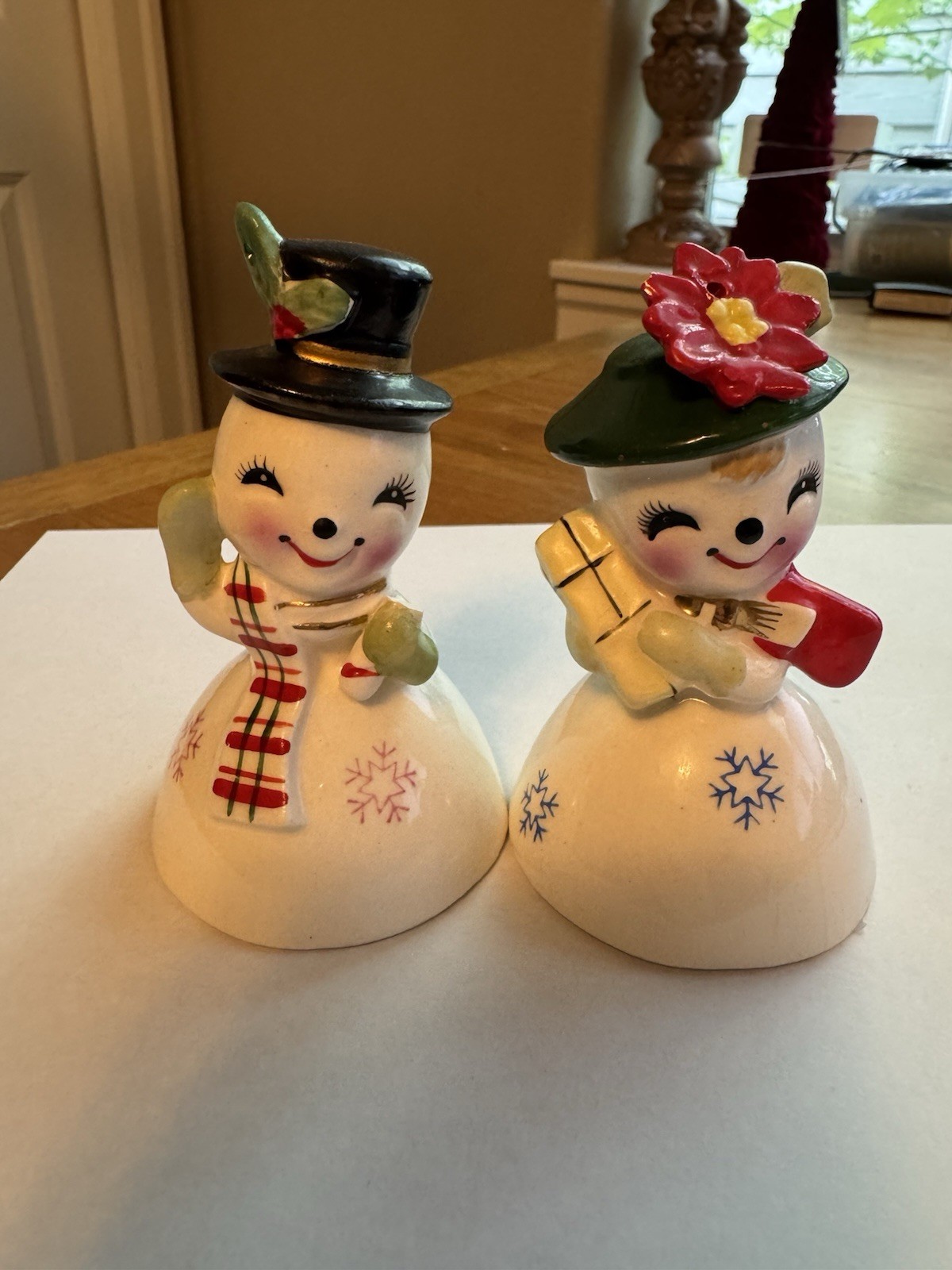 Vintage Lefton Ceramic Christmas Snowmen Bells, Pair Vintage Lefton Ceramic Christmas Snowmen Bells, Pair