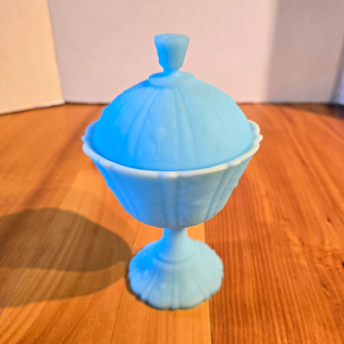 Vintage Fenton Blue Satin Cabbage Rose Pedestal Compote Candy Dish 9\