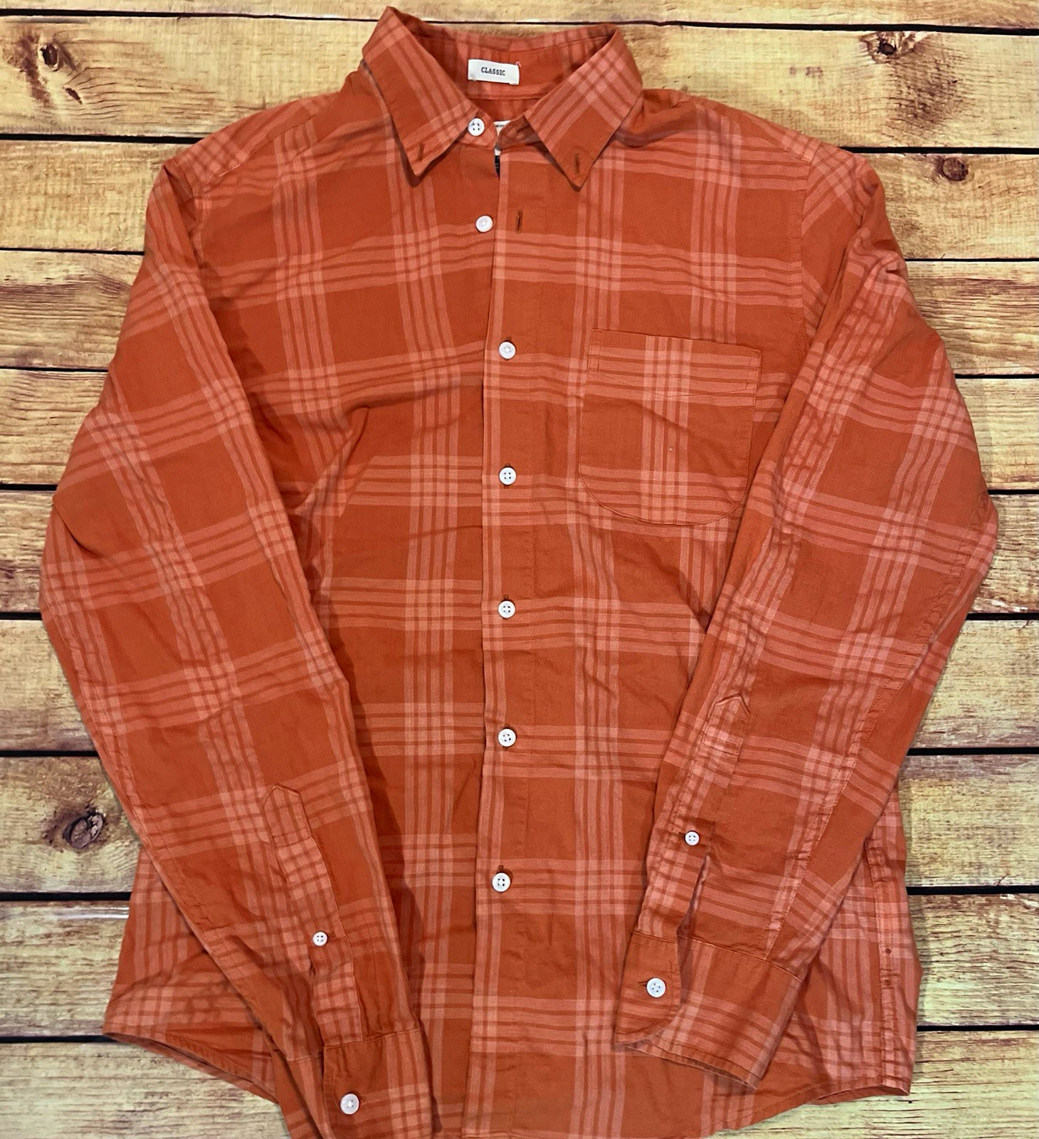 J.Crew Men\'s Classic Fit Orange Plaid Flannel Cotton Button-Up Shirt S Pockets