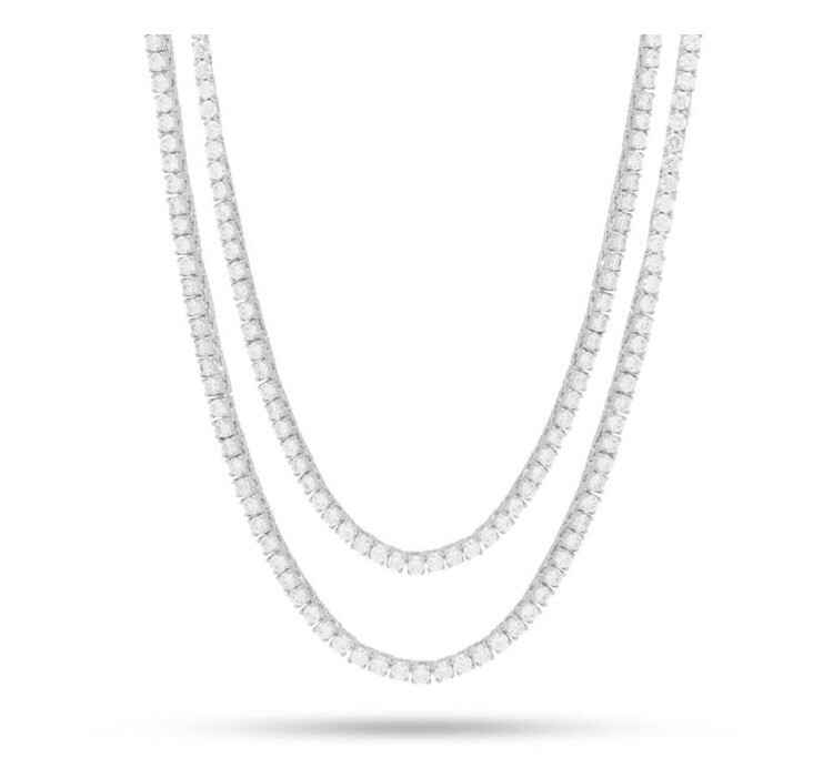 2 Pcs Unisex 1 Row 3mm Tennis Chain Necklace Silver Finish Lab Diamonds 20 & 22