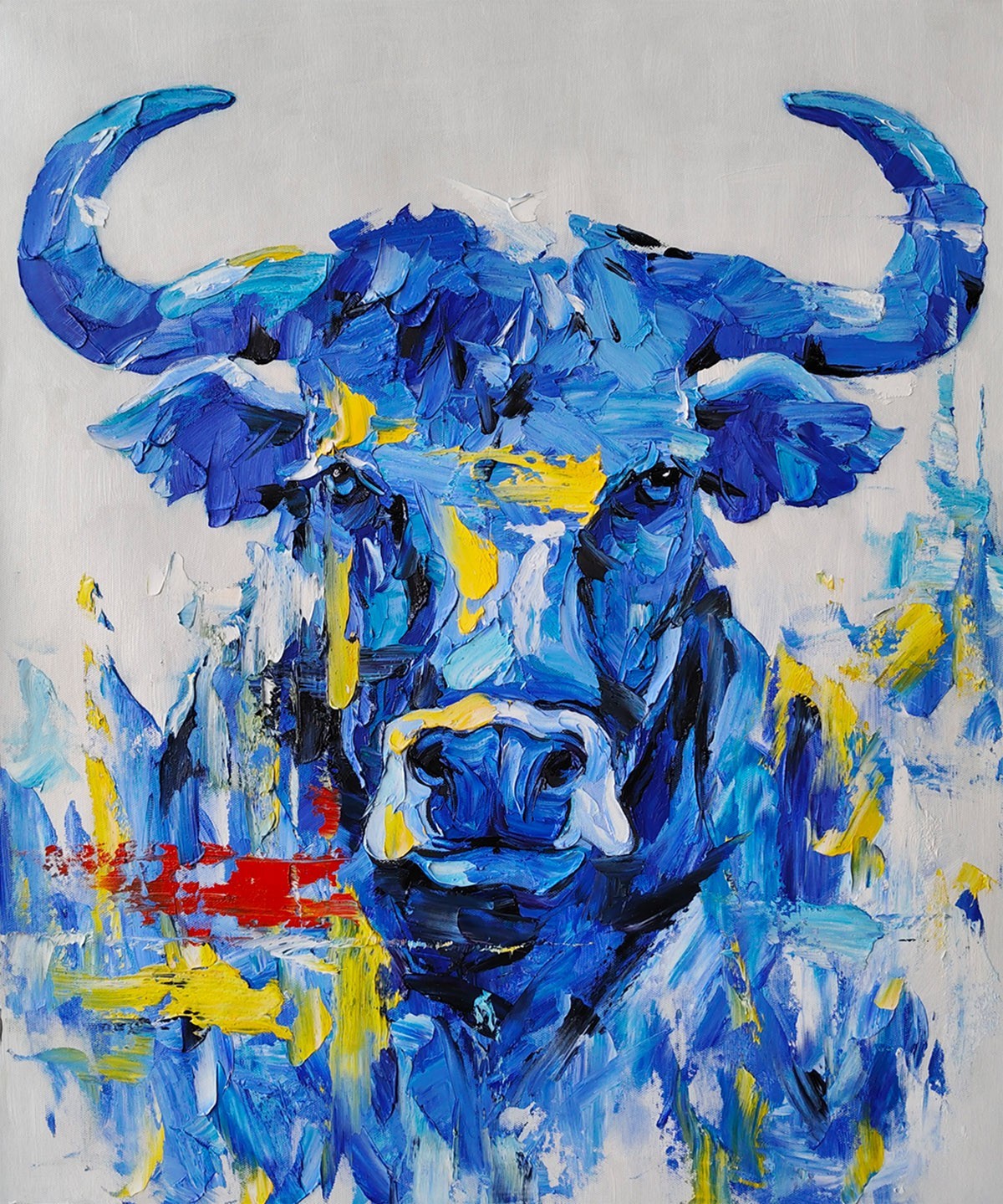 Contemporary Blue Bull Artwork - Handmade Impasto Style Canvas Painting