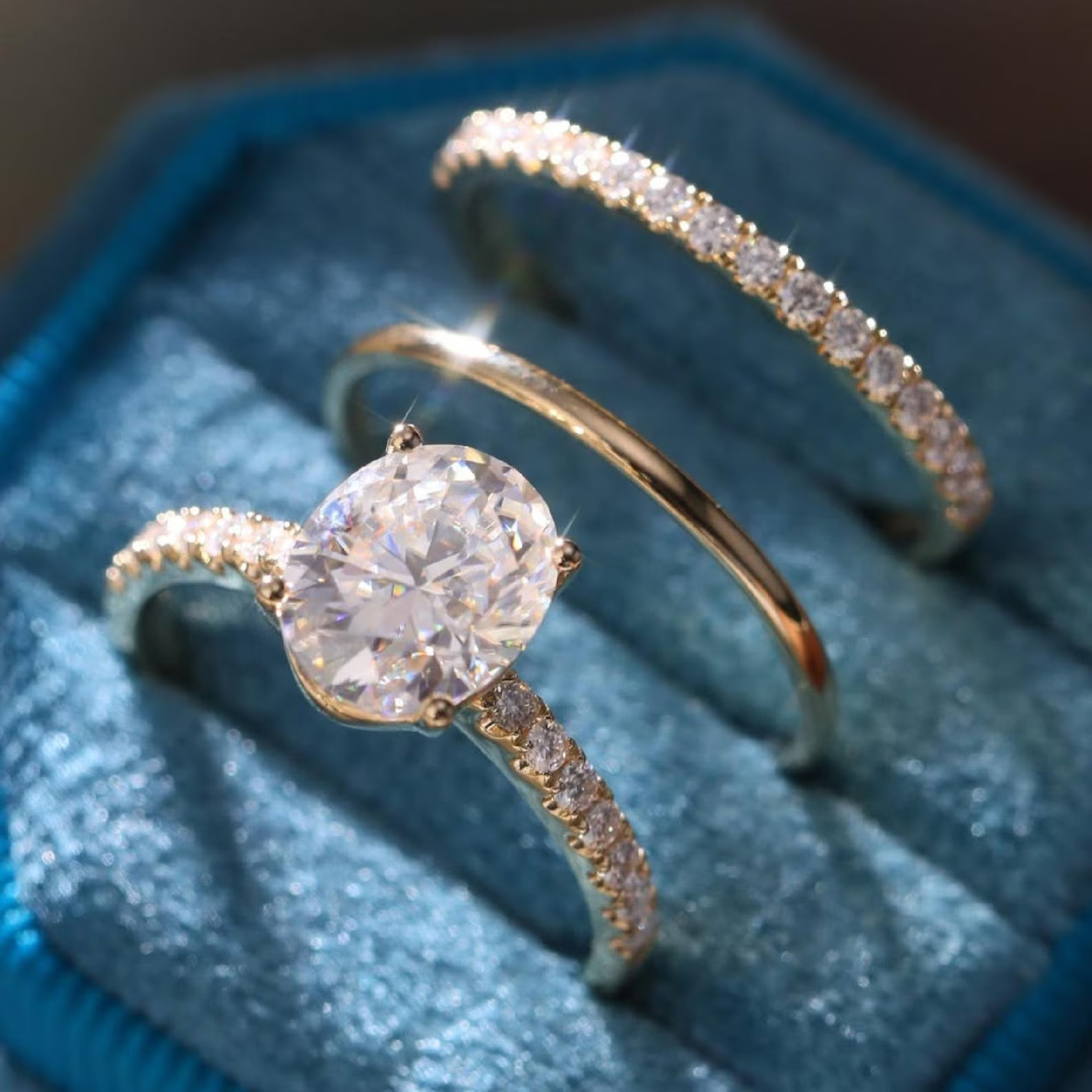 3.00CTW Oval Moissanite Trio Set Band Engagement Ring 14K Yellow Gold Plated