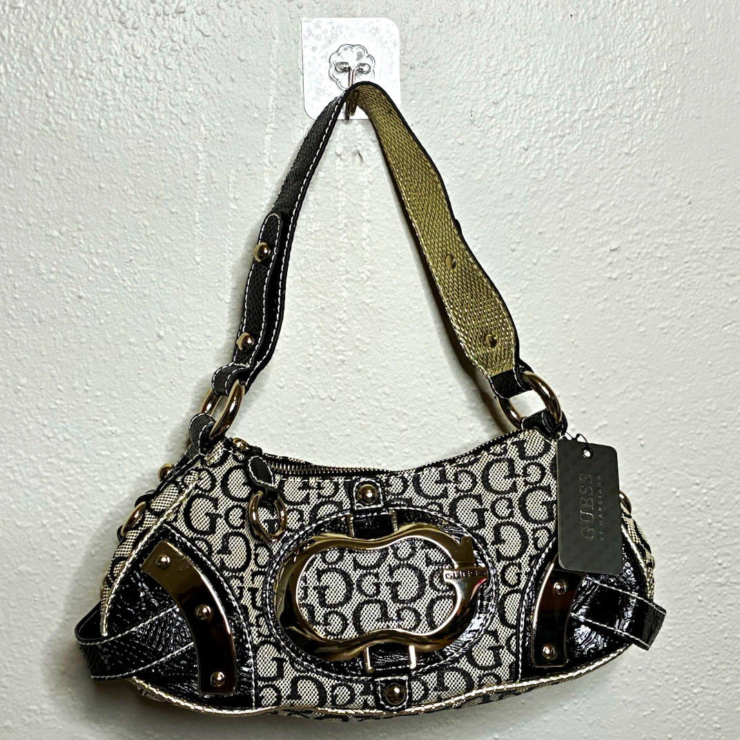 NWT Vintage Guess Y2K Monogram Shoulder Bag Black White Patent Leather Purse