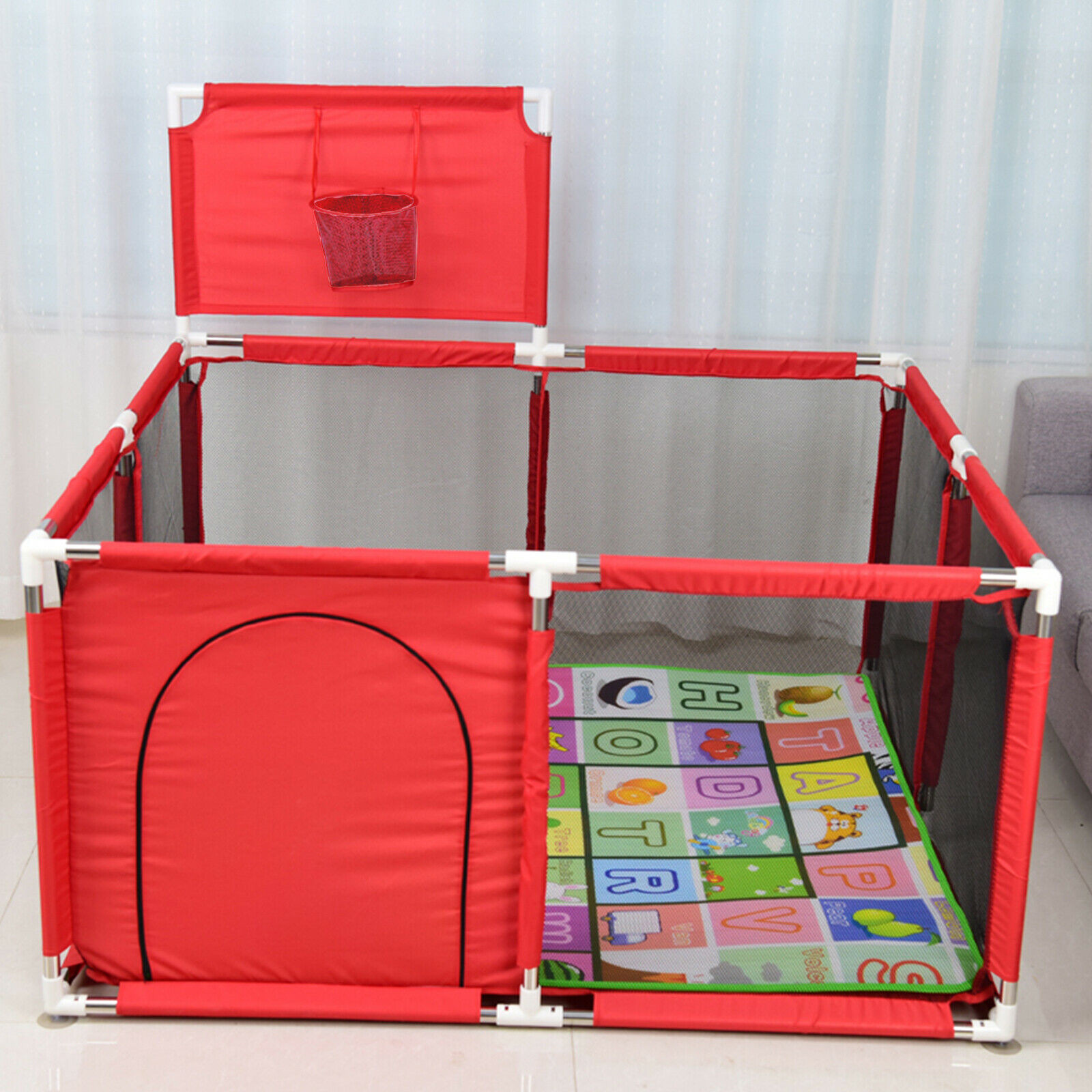 Red Baby Playpen with Basketball Hoop Foldable Kids Safety Play Yard Fence Tent