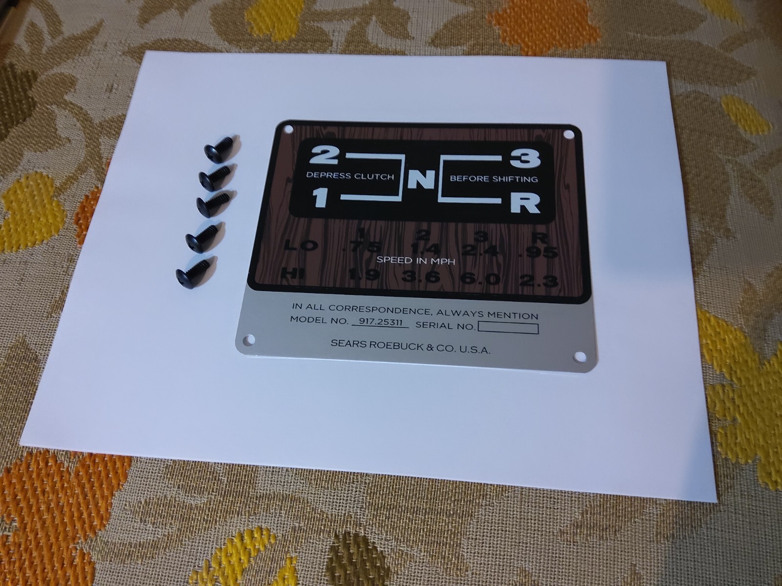Sears super 12 shift pattern tag with mounting screws