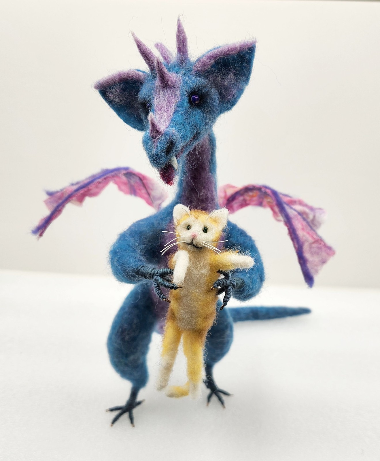 Handmade  OOAK Needle Felted wool animals Dragon with Cat new artist made