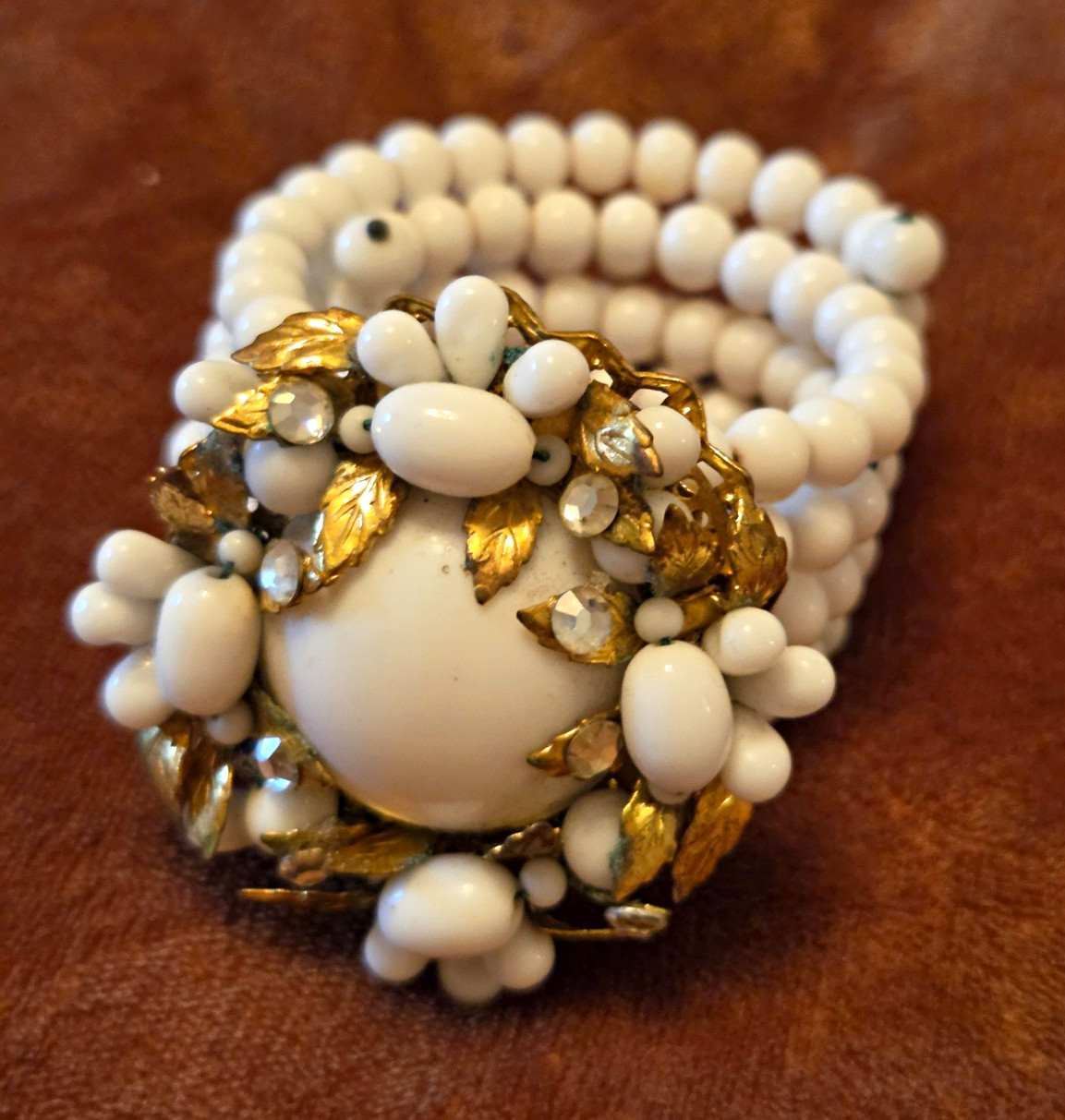 Vintage Miriam Haskell Coiled White Beautiful Beaded Bracelet Gold Tone 