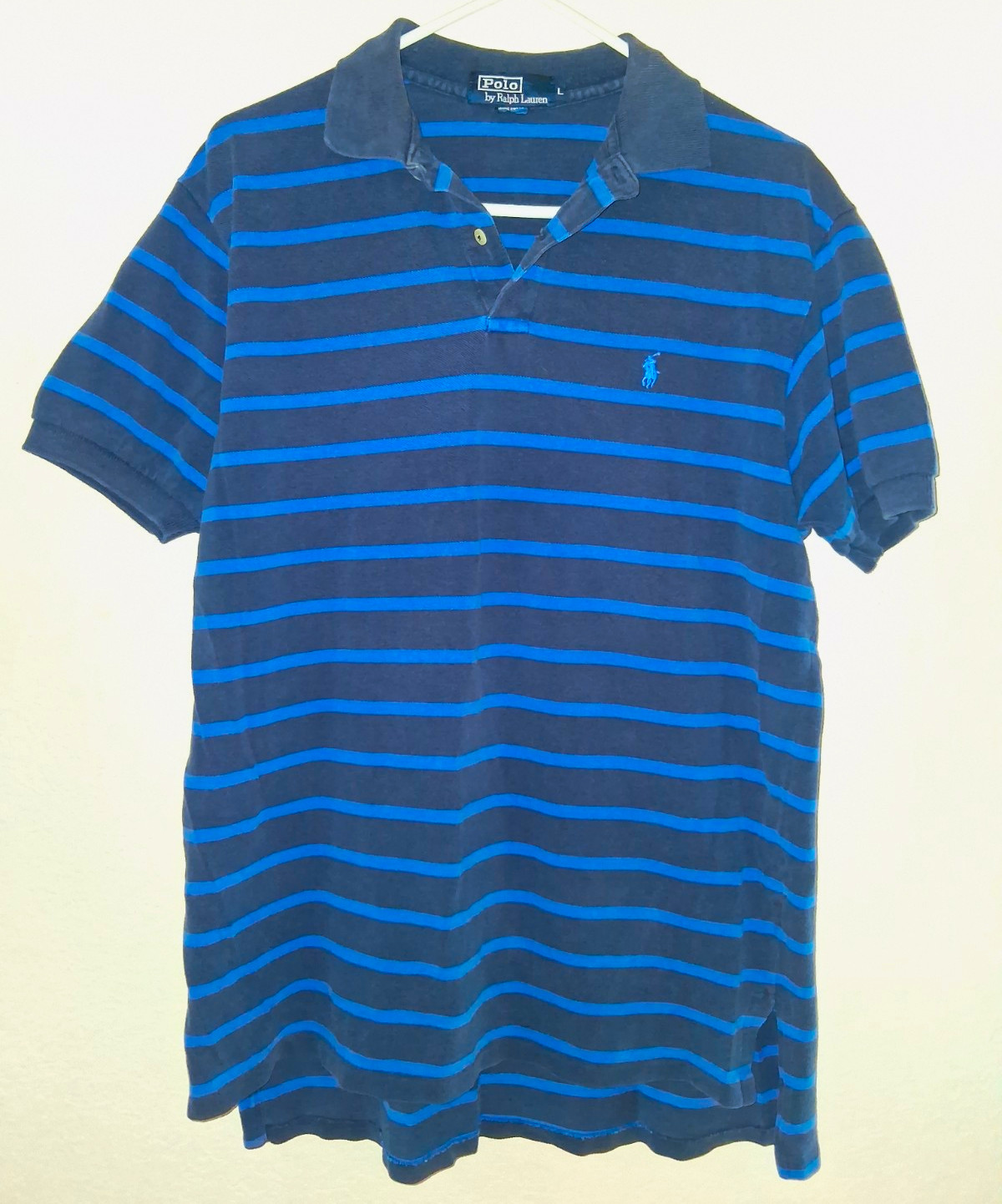 Polo by Ralph Lauren Men\'s L Blue/Navy Striped Short Sleeve Cotton Polo Golf 