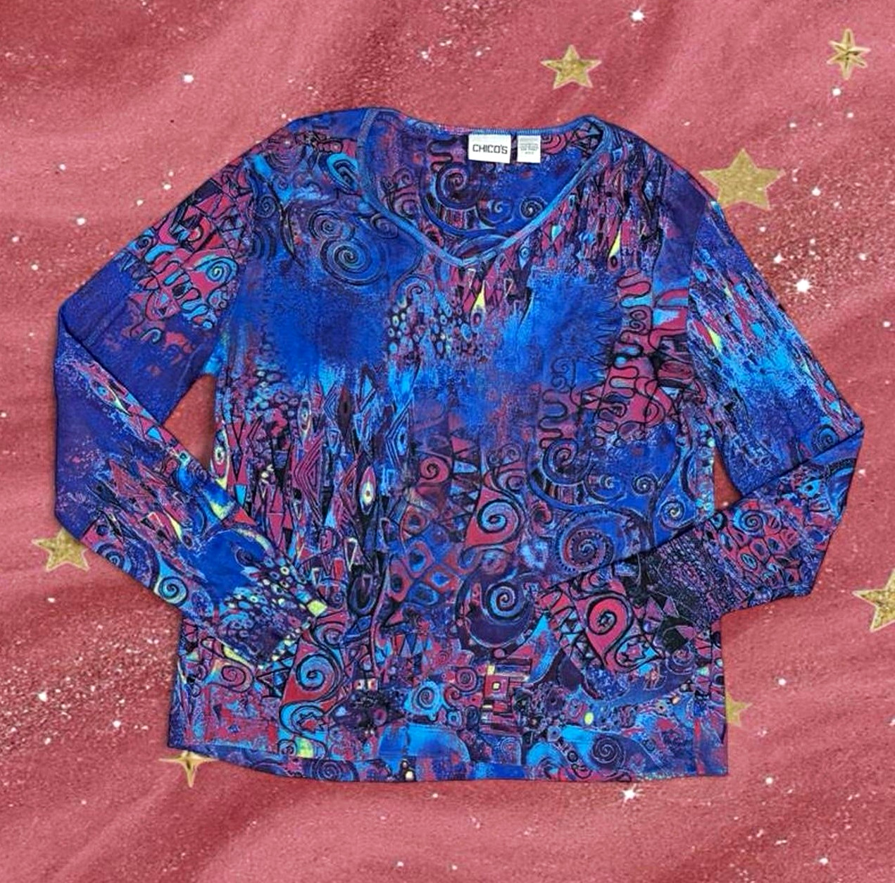 Chico\'s Blue Purple Pink Abstract V-Neck Long Sleeve Knit Cotton Top Size 2