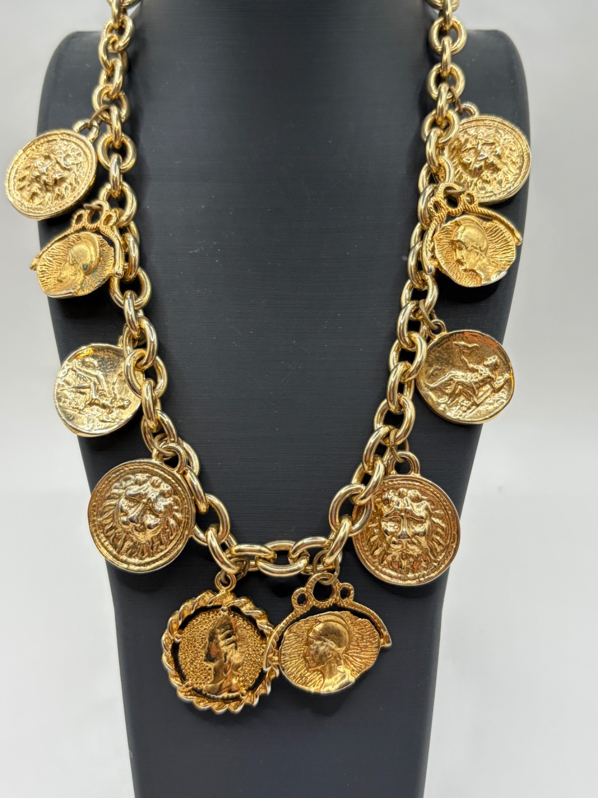 Vintage Etruscan Revival Medallion Charm Necklace 167.9 g Gold Tone Greco Roman