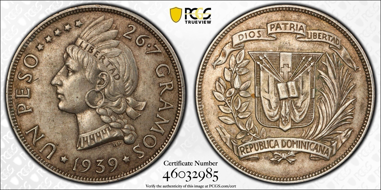 1939 DOMINICAN REPUBLIC PESO PCGS AU55 Key Date Low Mintage Silver Coin