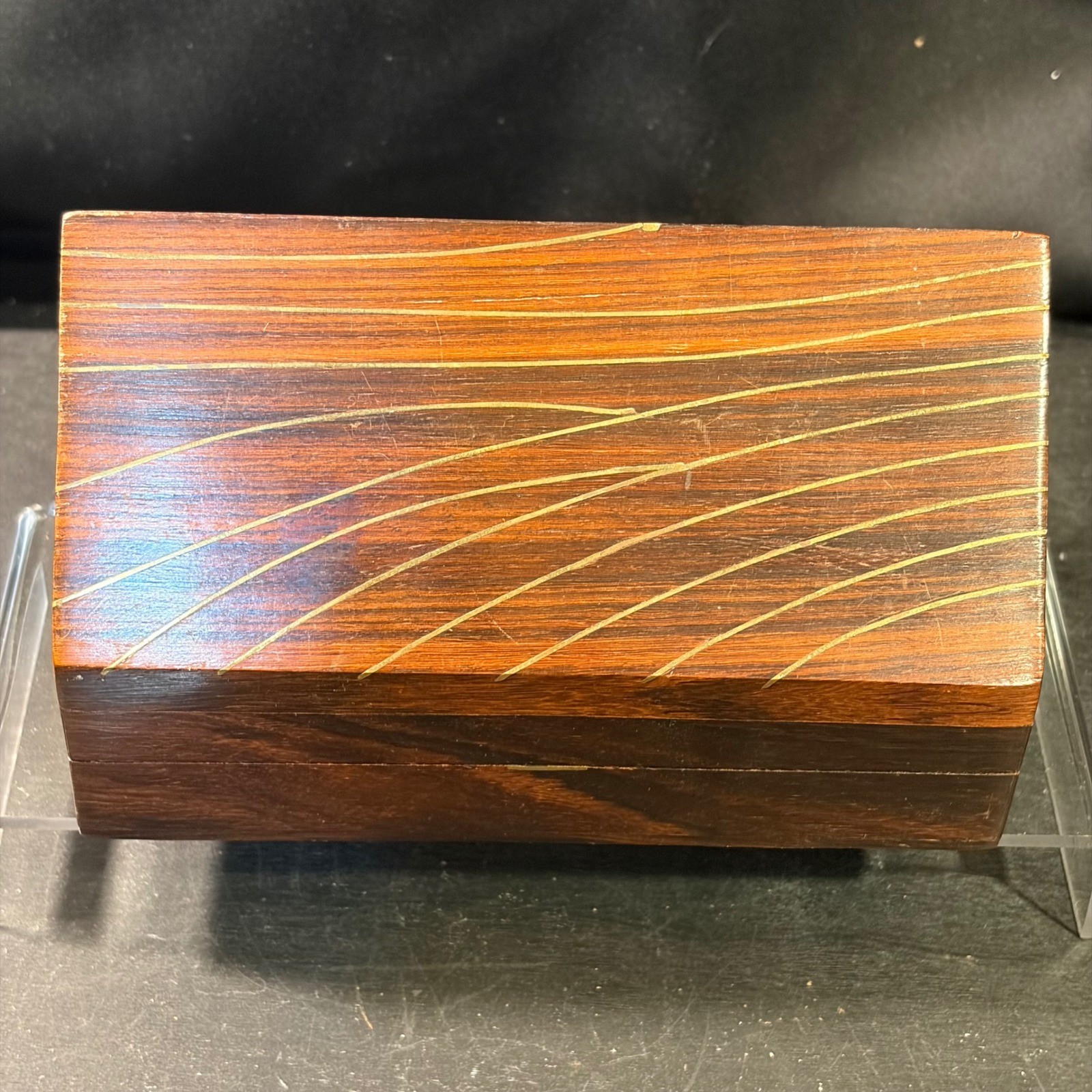 Vintage Handcrafted Wood Jewelry Box Brass Inlay Peaked Roof Trinket Keepsake