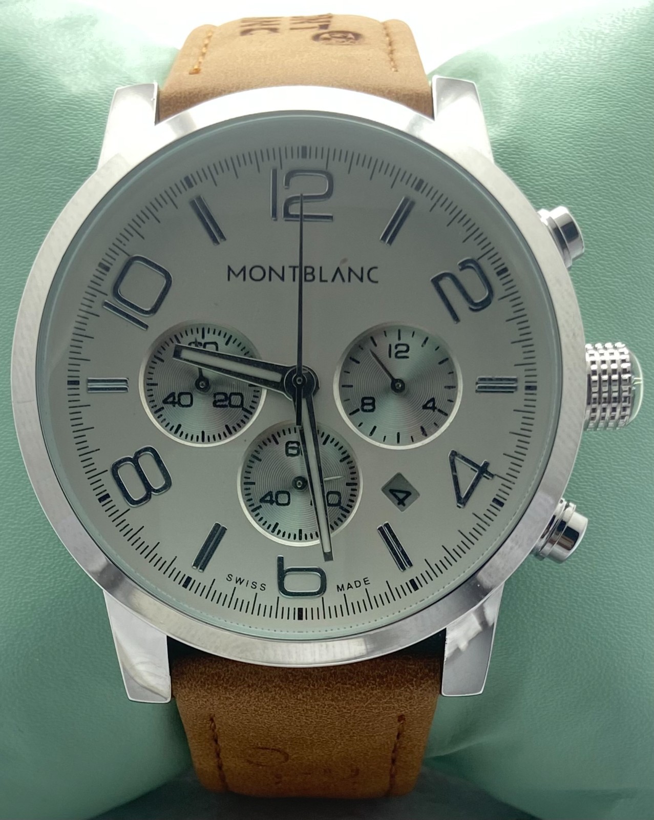 Refurbished Montblanc White Dial Chrono Men's Quartz Wristwatch Leather Strap