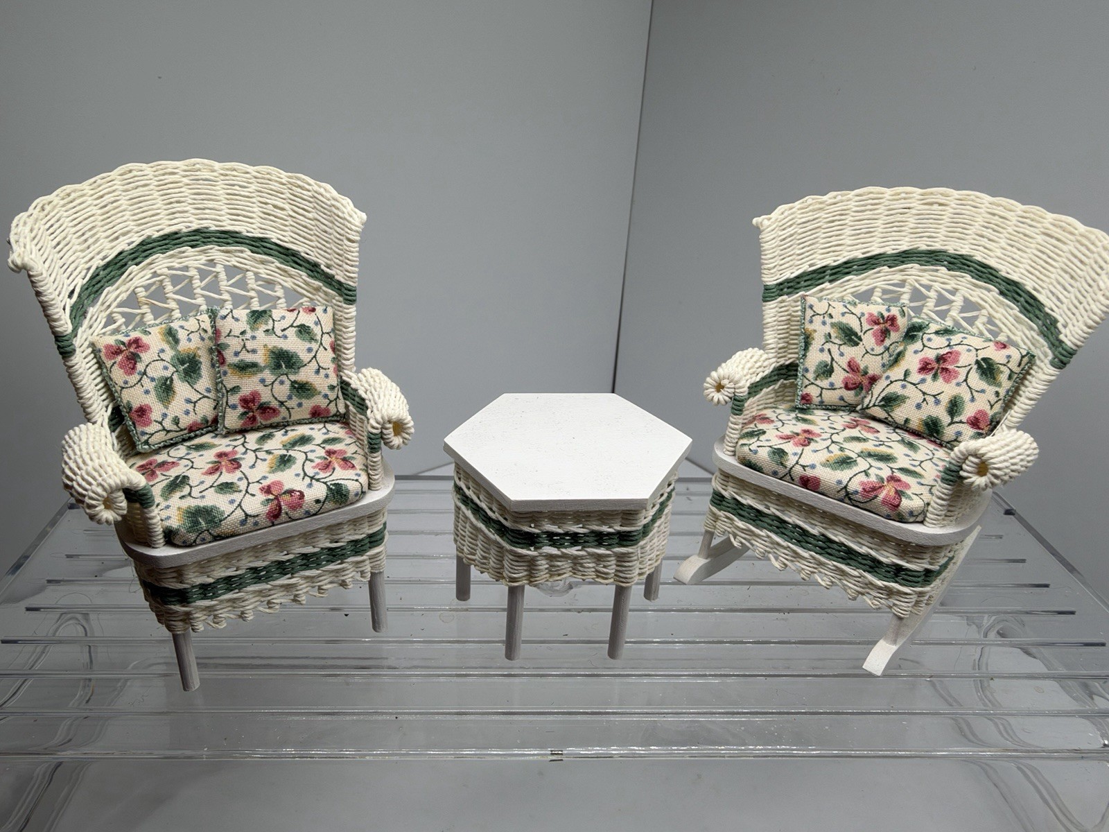 Vtg Artisan Signed Dollhouse Furniture White Wicker Rocker, Chair, Table 1:12