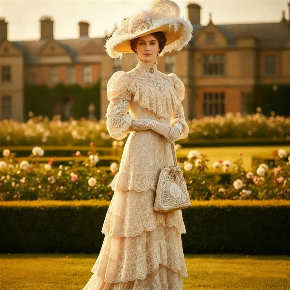 1900s Vintage Victorian Edwardian Costume Walking Dress High Neck Puff Sleeve