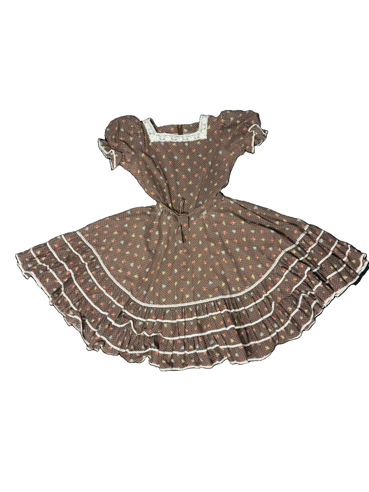 Vintage Malco Modes Square Dance Dress Brown Floral Ruffle Lace Western XS