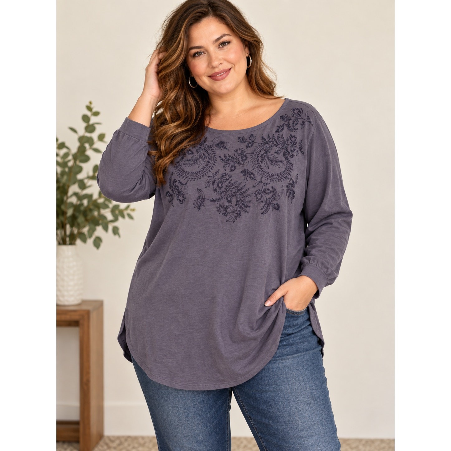 Pure Jill Embroidered Neckline Tunic Top 2X Purple 100% Cotton Boho