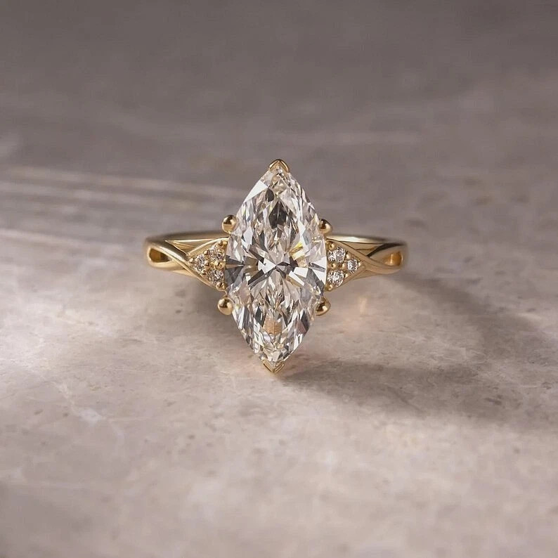3.5 CT Marquise Cut Lab Created Diamond Engagement Wedding 14K Gold Finish Ring
