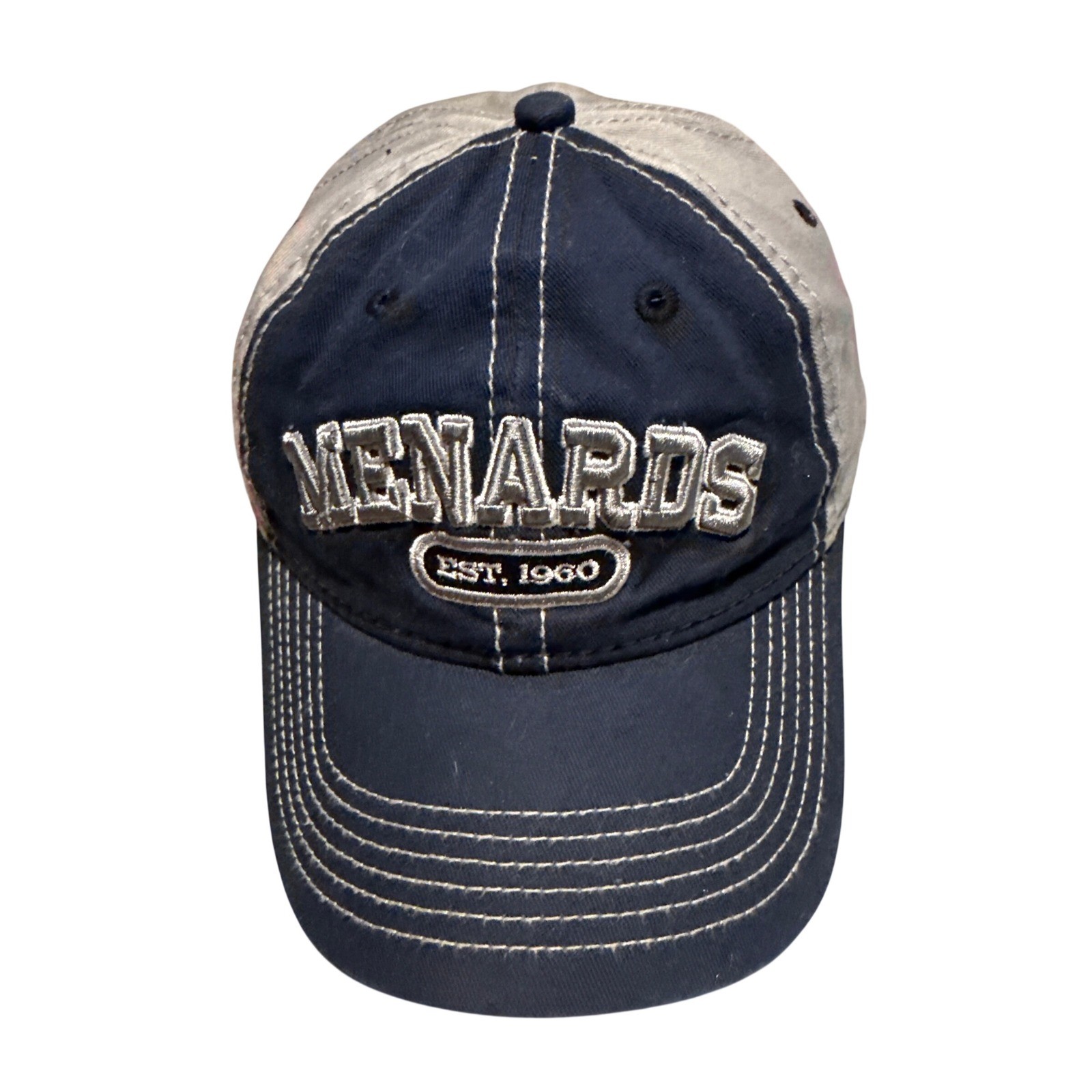Menards Est 1960 Baseball Cap Mens Navy Tan Two Tone Adjustable Hook Loop Hat