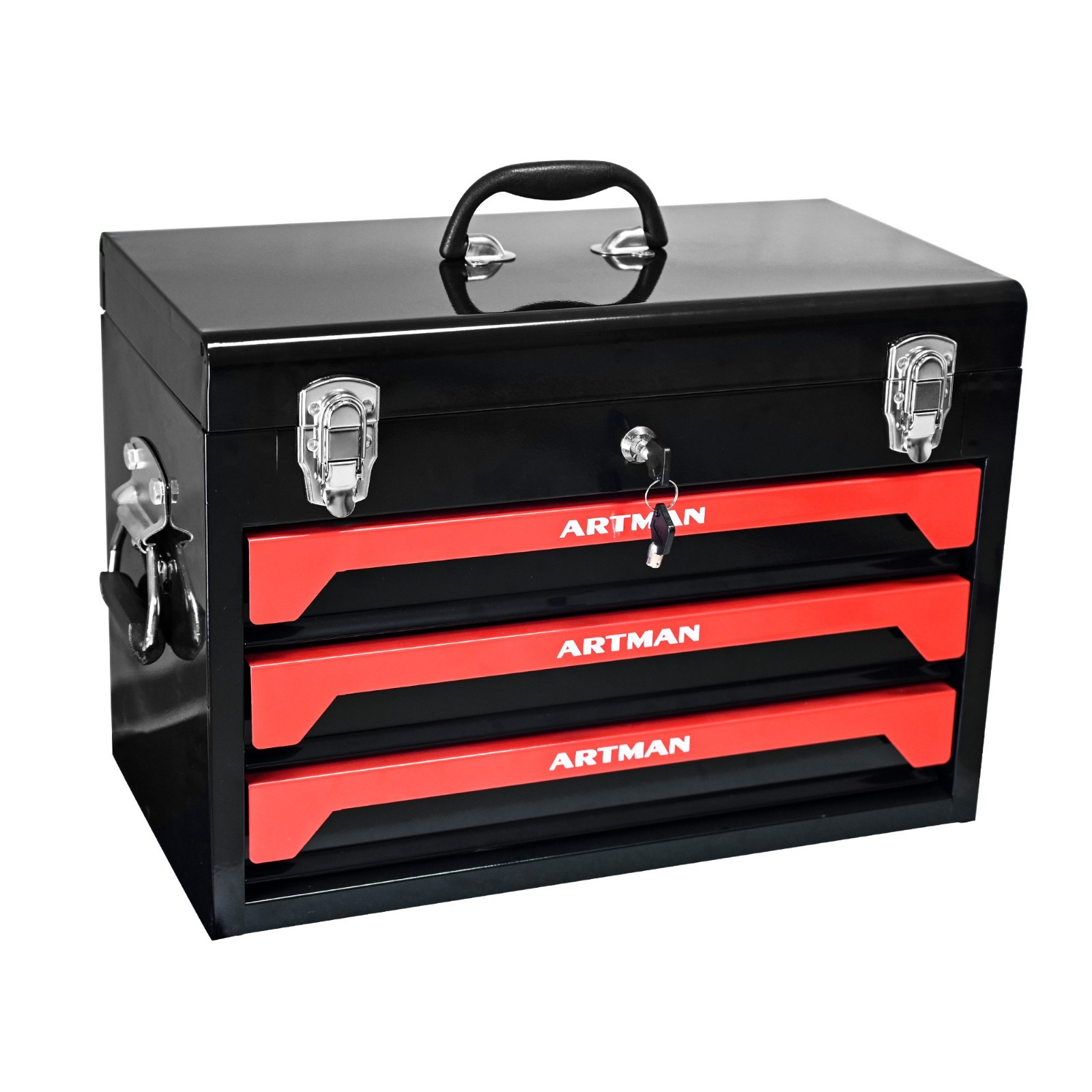20 inch portable three drawer steel toolbox with metal lock closure device