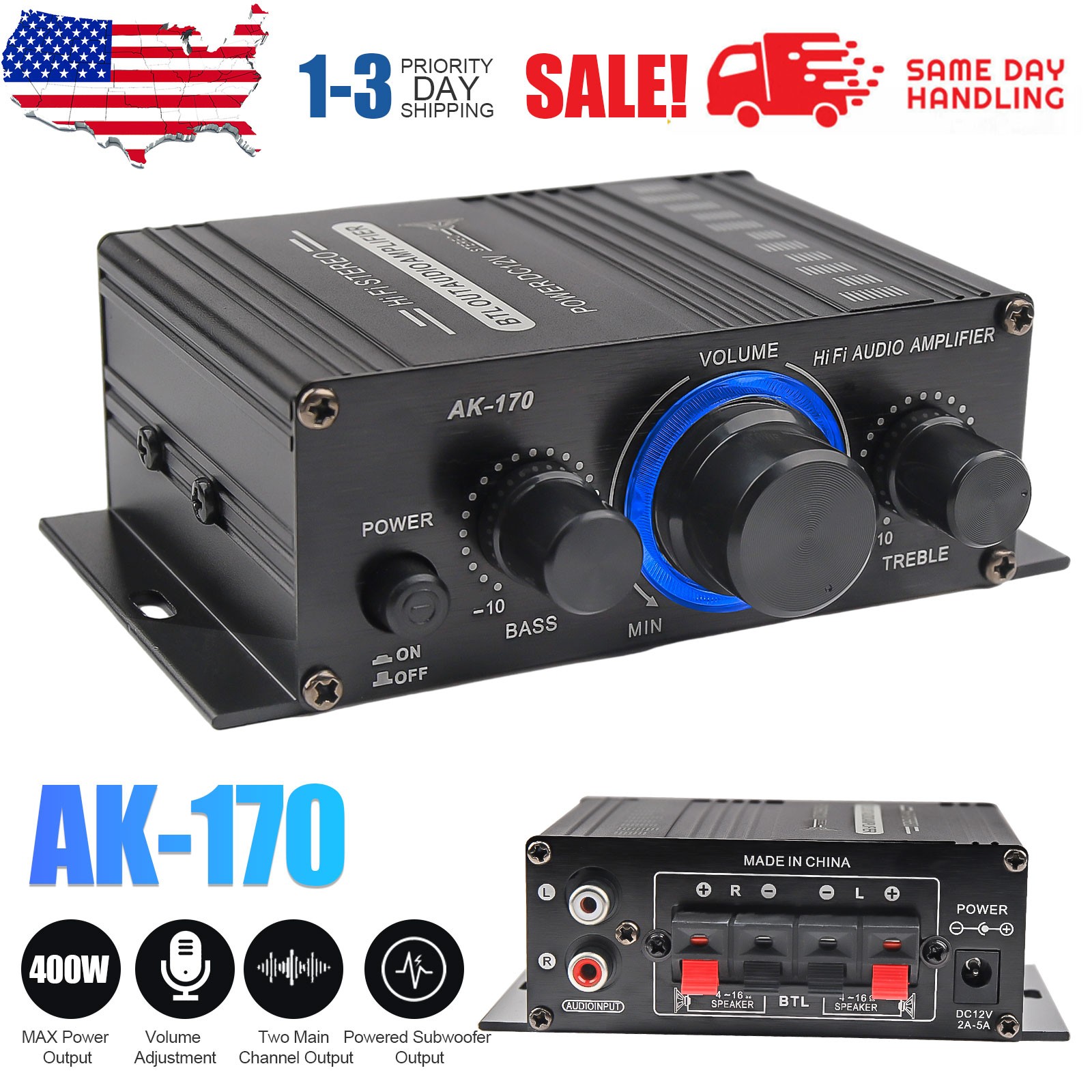 400W 12V 2 Channel Powerful Stereo Audio Power Amplifier HiFi Bass Amp Car Home