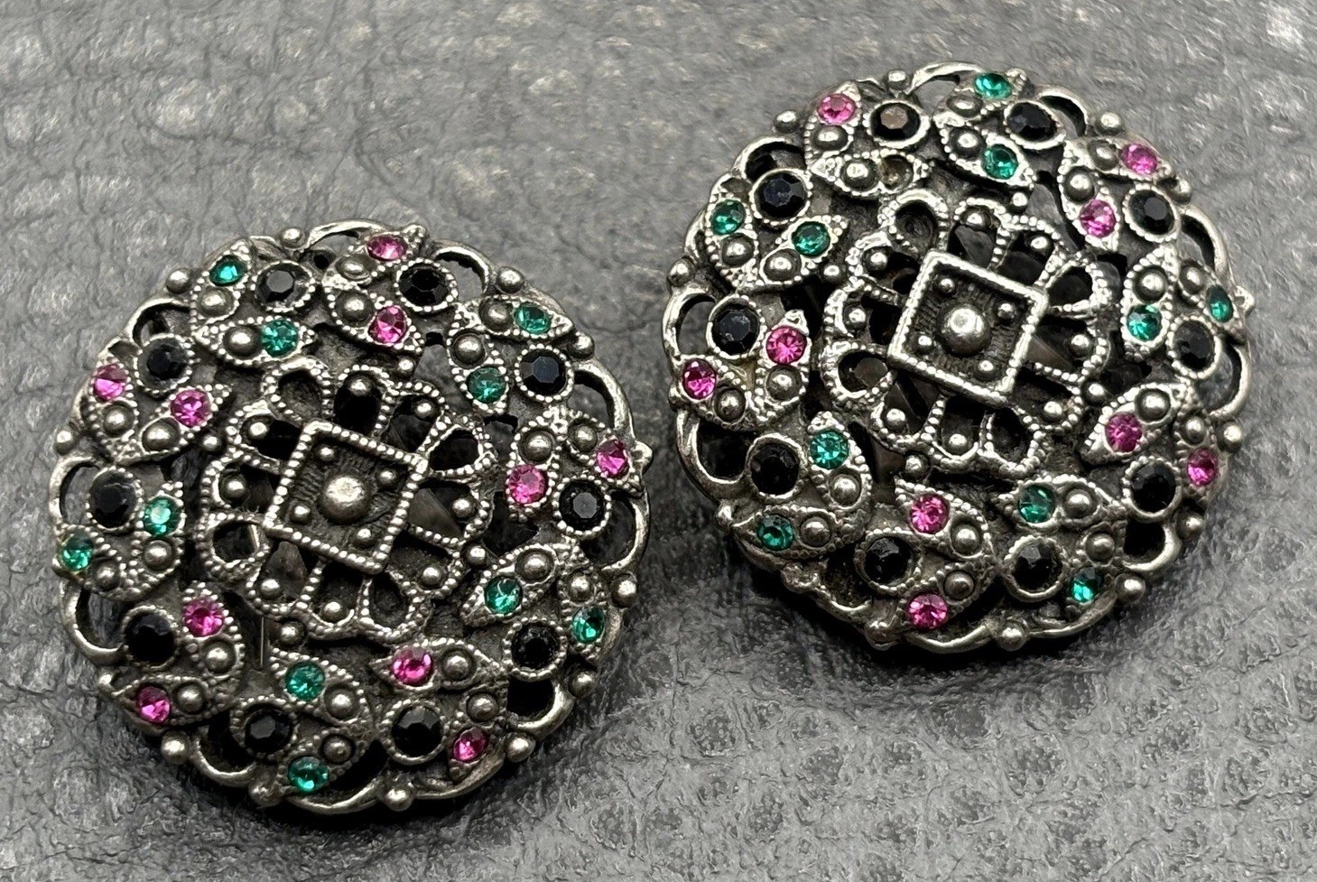 Vintage 1928 Ornate Filigree Brooch Pink Green Black Rhinestone Silver Tone