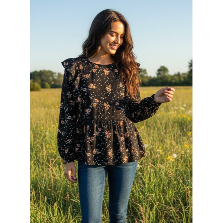 NEW Loft Top Black Floral Ruffle Peplum Cottage Peasant Boho Whimsigoth Moody S