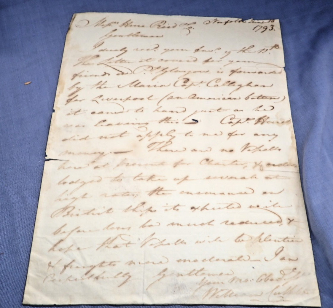 1793 Norfolk VA Shipping Letter William Lindsay Customs Collector British Ships