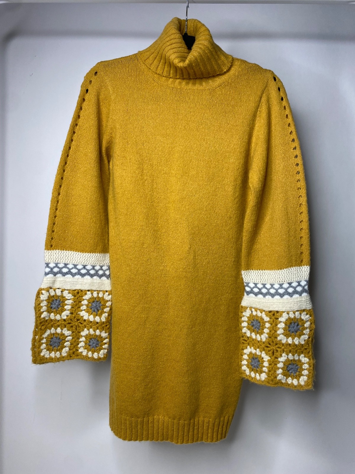 Lulus Women\'s XS It\'s Groovy Mustard Yellow Multi Knit Turtleneck Sweater Dress
