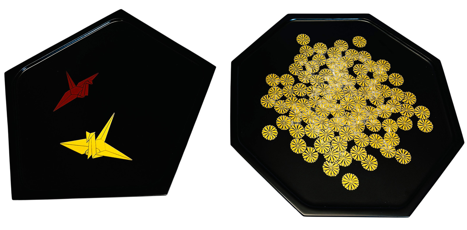 Zohiko Kyoto Urushi Lacquer Serving Tray Set Cranes Gold Black w/ Box