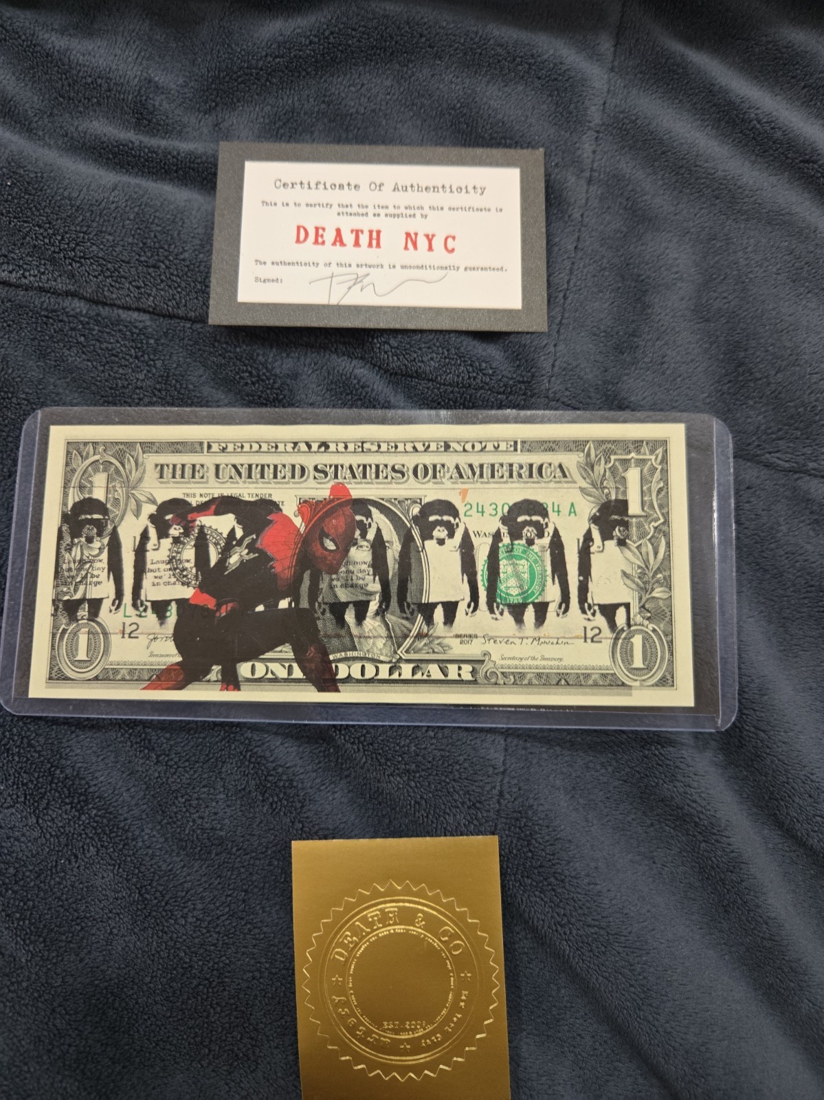 DeathNYC LTD ED Signed Art  DOLLAR bill $1 Bank Note Spiderman Monkey COA 26/100