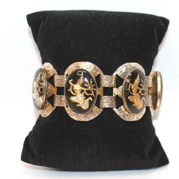 Siam Sterling Niello Graduated Panel Link Bracelet Unique Vintage