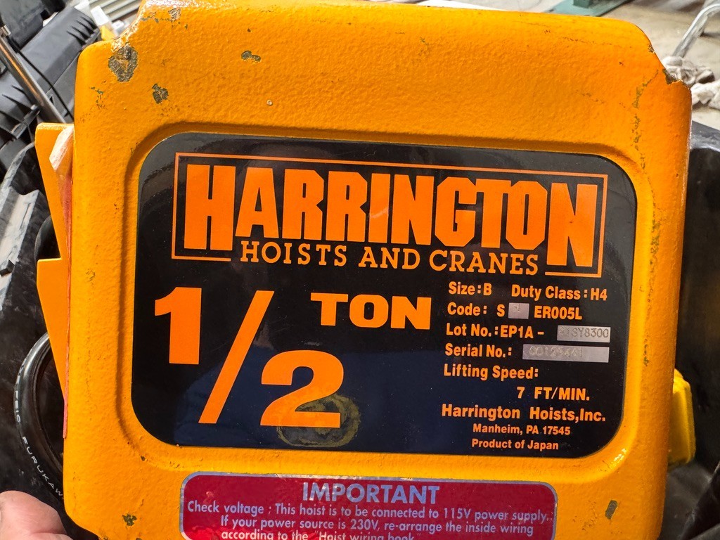 Harrington 1/2 Ton Electric Chain Hoist 115V w/ JET 262005 Beam Trolley