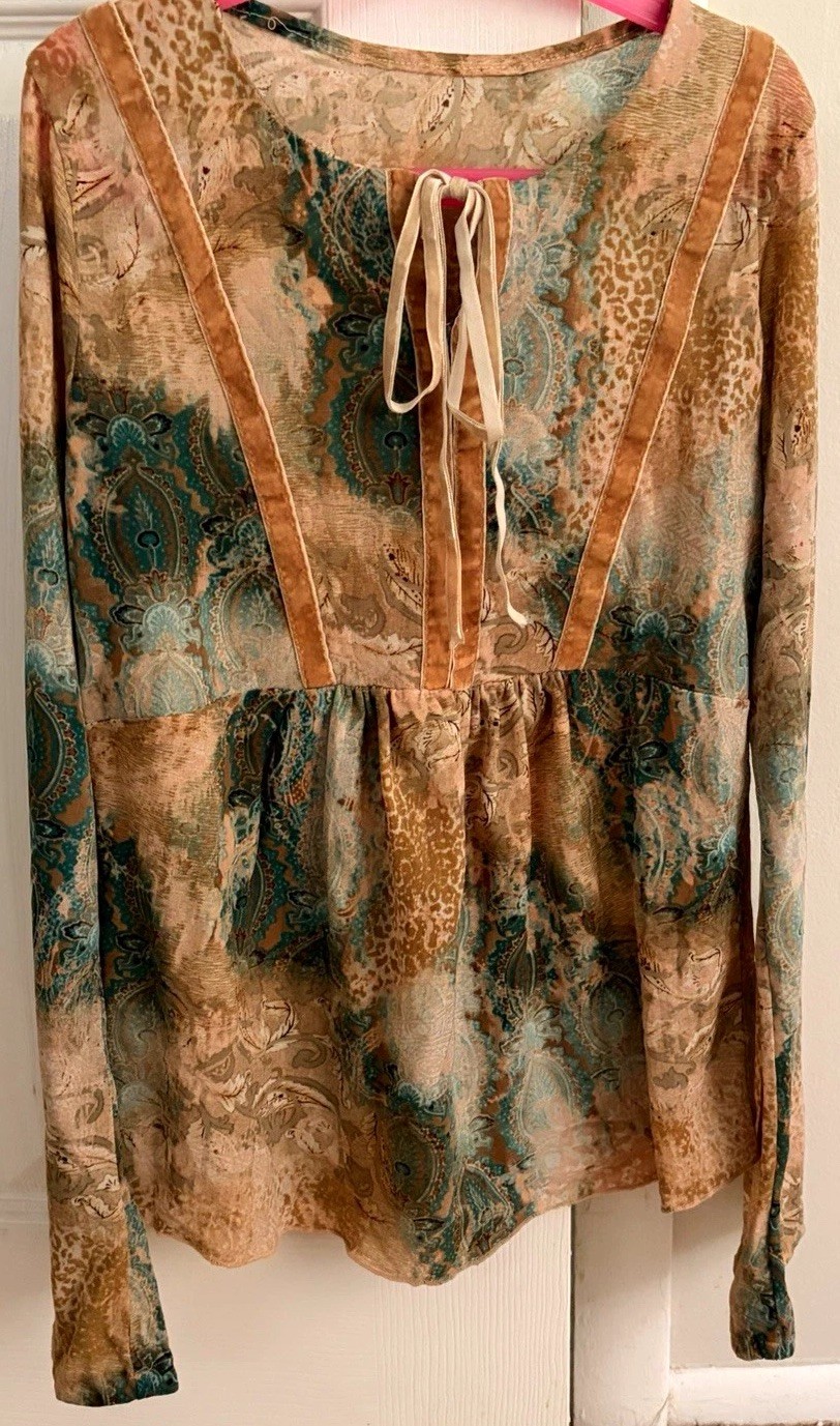 Juniors M Teens Brown Teal Beige Paisley Long Sleeve Scoop Neck Tie Blouse