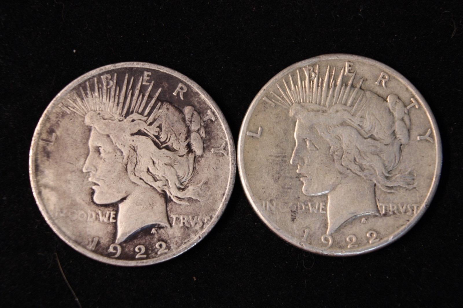 90% Silver Peace Dollar Lot 2 Coins - 1922-D & 1922-S Branch Mint Pairing
