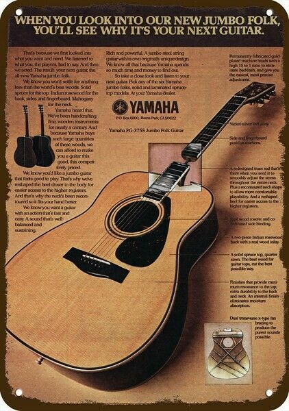 1977 YAMAHA FG-375S JUMBO FOLK GUITAR Vintage-Look DECORATIVE REPLICA METAL SIGN