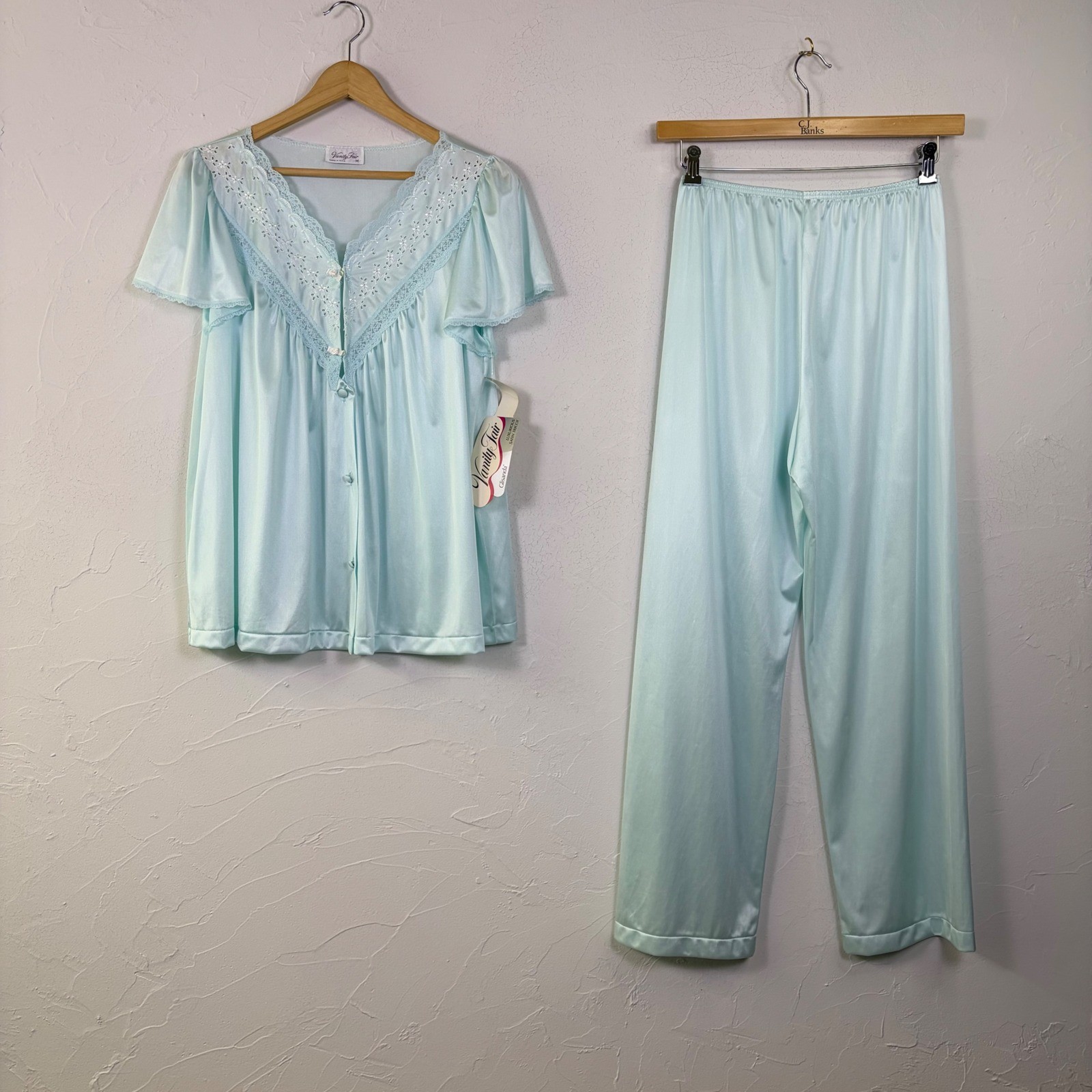 Vintage 70s Vanity Fair Pajama Set M NWT Glisanda Satin Lace USA Coquette
