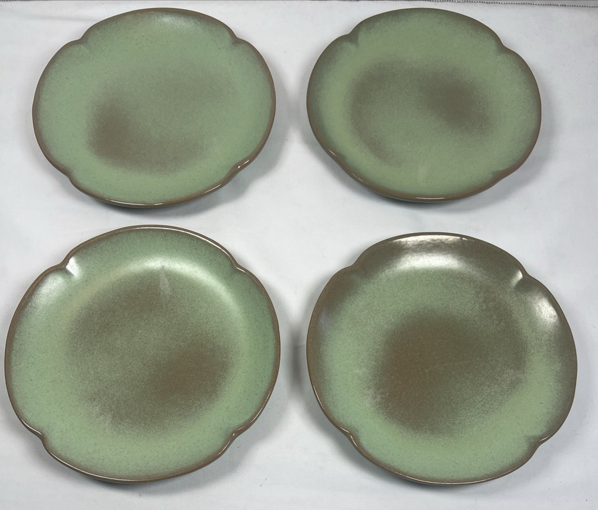 4-Frankoma Pottery 5G Plainsman Prairie Green Scalloped Salad/Dessert Plates 7\ 4-Frankoma Pottery 5G Plainsman Prairie Green Scalloped Salad/Dessert Plates 7\