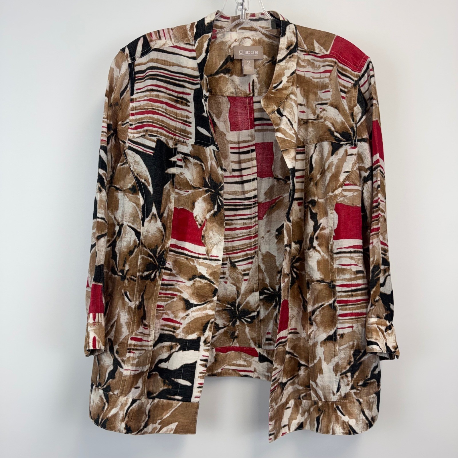 Chicos Open Front Jacket Womens 2 Large Abstract Floral Stripe Red Brown Rayon Chicos Open Front Jacket Womens 2 Large Abstract Floral Stripe Red Brown Rayon