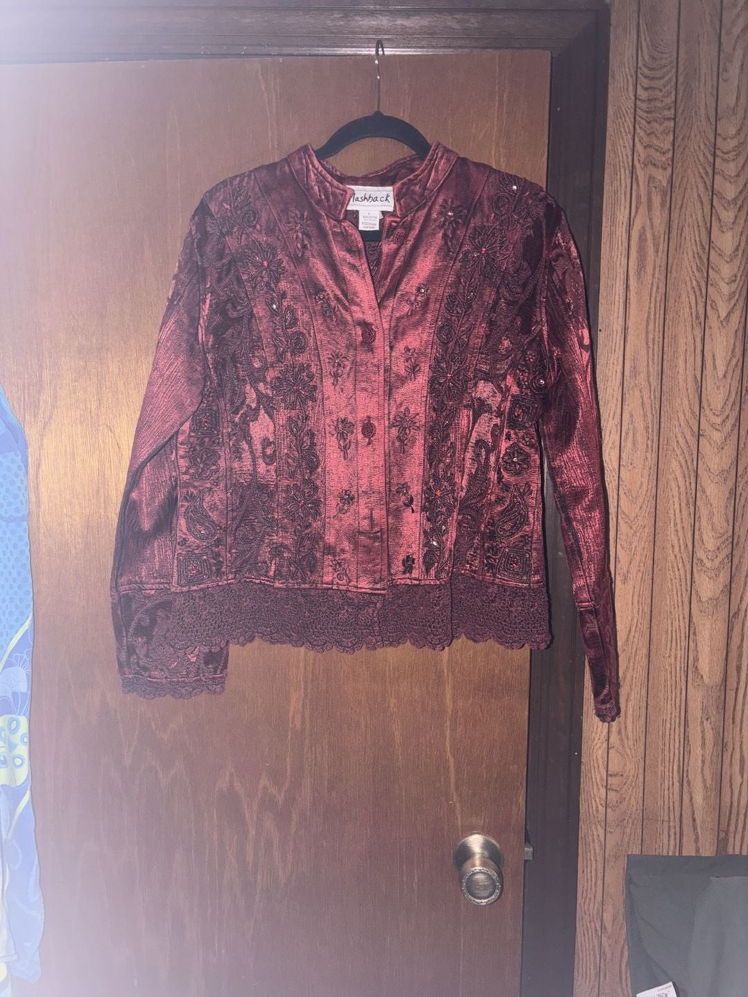 Flashback Embroidered Velvet Jacket Size L Burgundy Floral