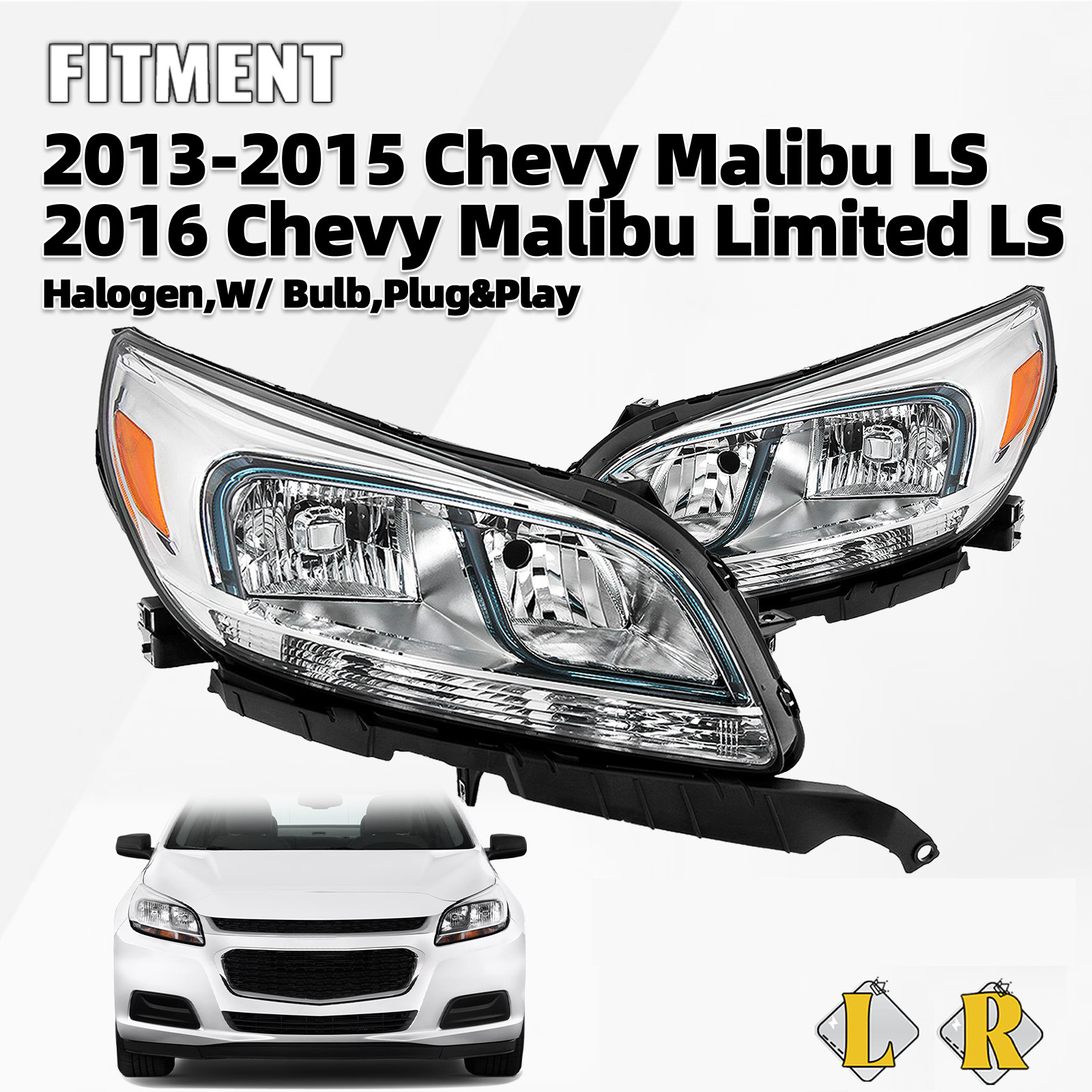 Halogen Headlight For 2013-2016 Chevy Malibu w/o Projector Left+Right Pair
