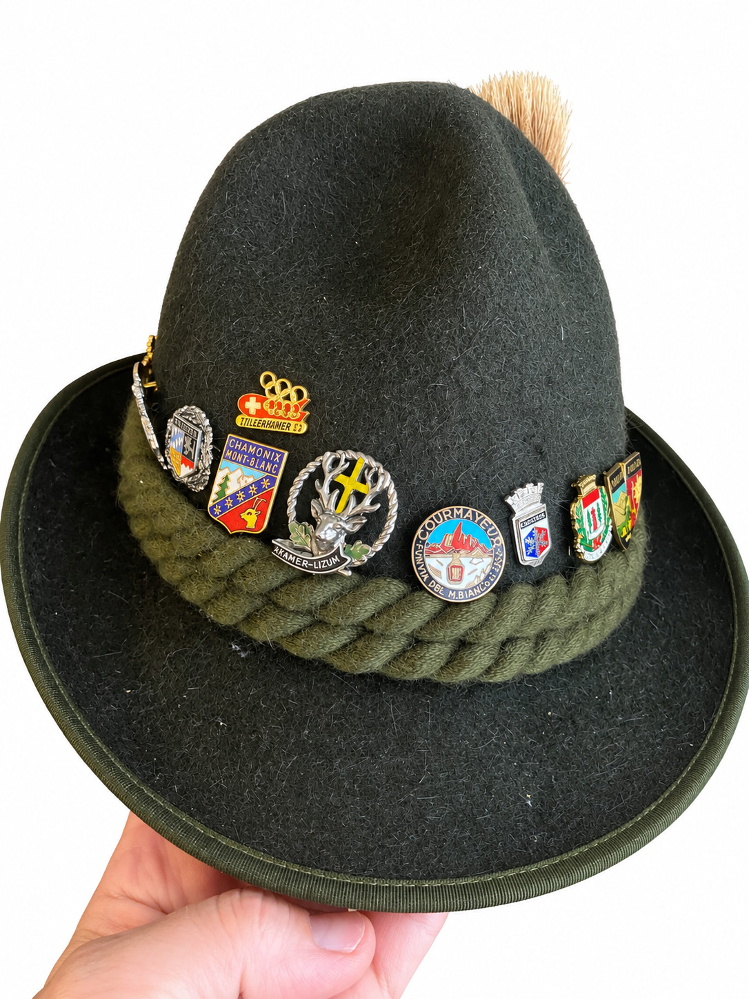 Vintage Austrian Tyrolean Alpine Trachten Hat Gamsbart 23 City/Ski Resort Pins