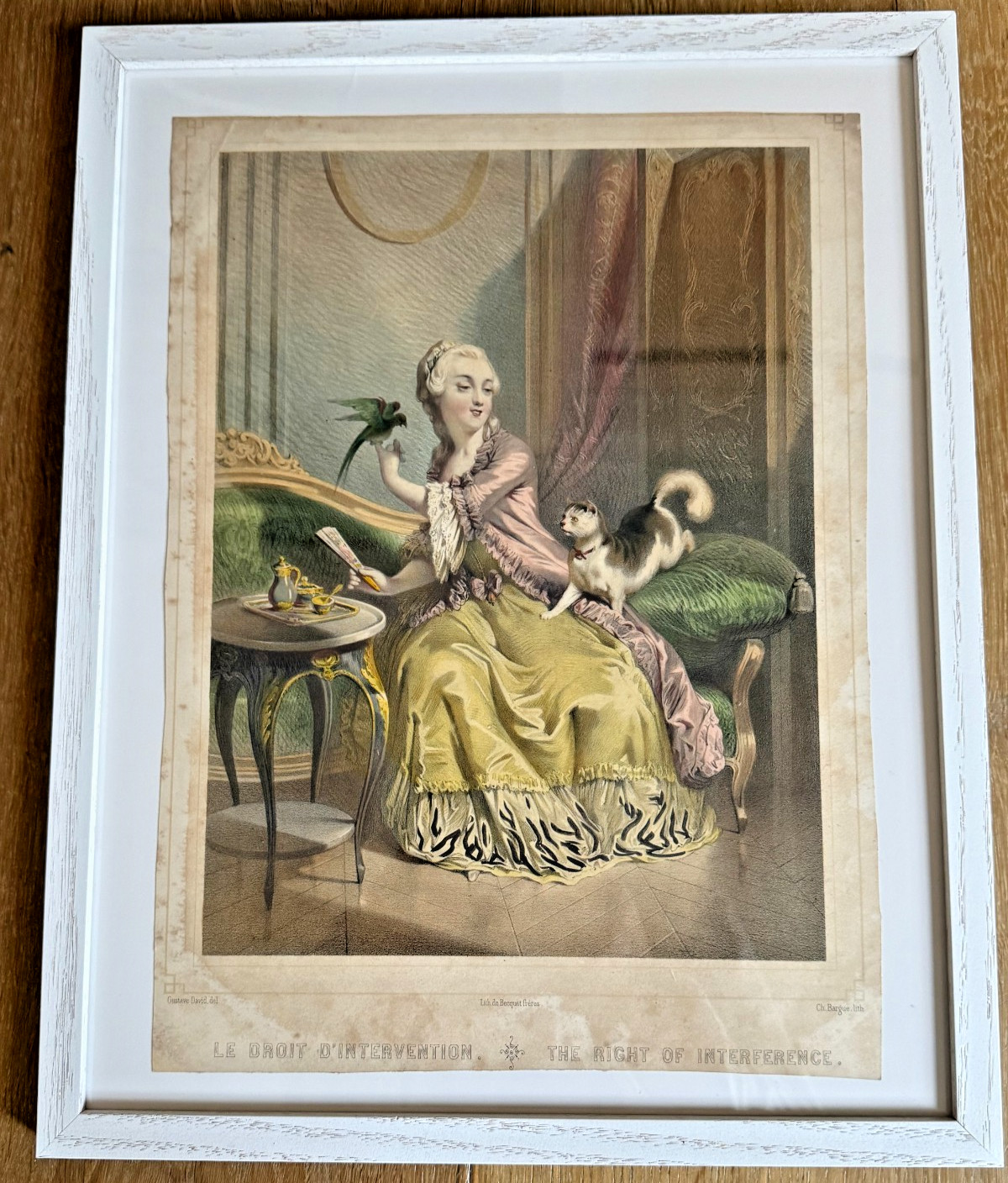 Antique French Hand-Colored Lithograph “Le Droit d’Intervention” c.1850