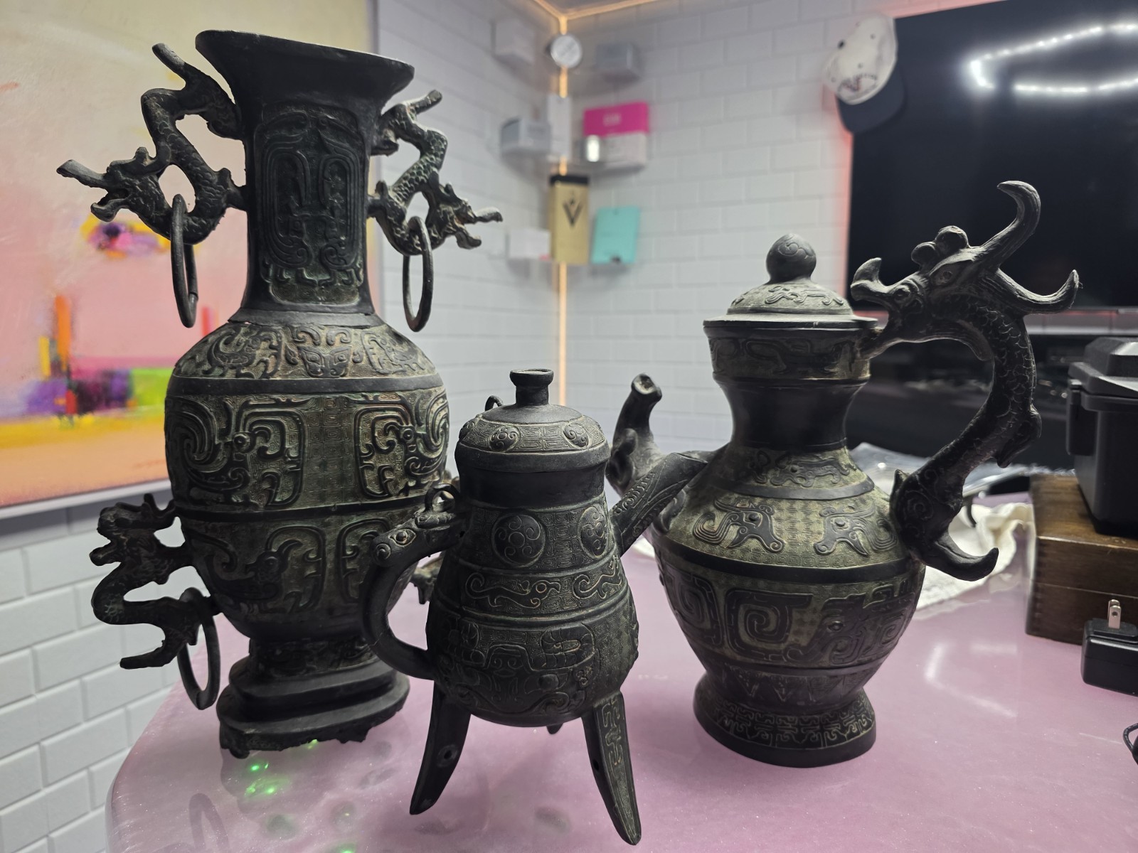 Chinese Archaistic Bronze Vase Ewer Dragon Handles, Taotie Motifs, Qing Style